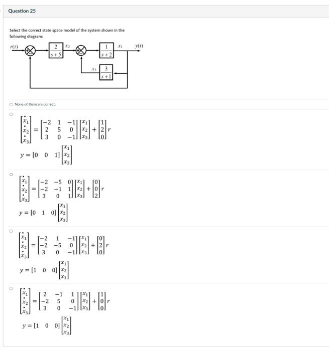 Question 25 Select The Correct State Space Model Of The System Shown In The Following Diagram D W 8 None Of Them A 1
