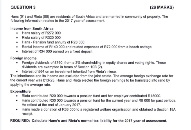Question 3 26 Marks Hans 61 And Rieta 66 Are Residents Of South Africa And Are Married In Community Of Property T 1