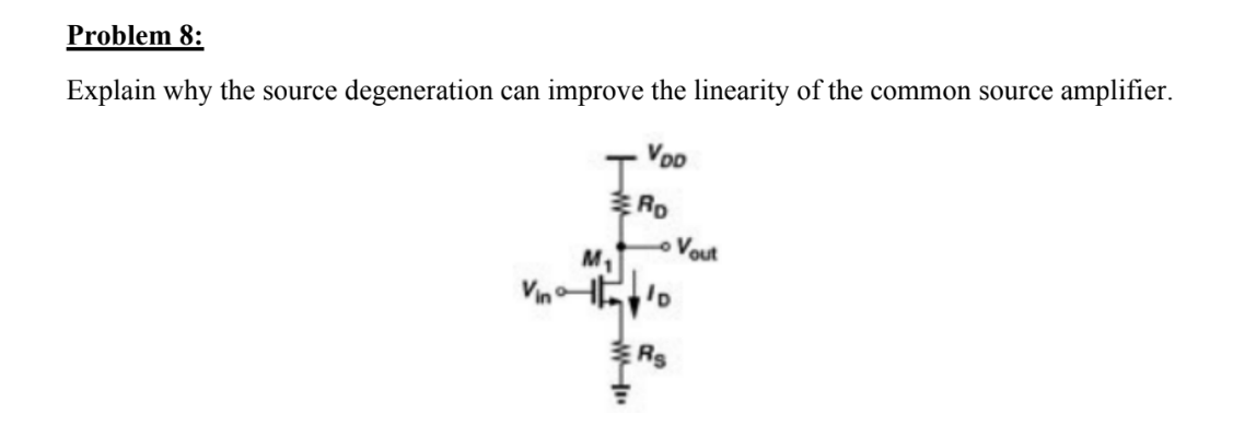 Problem 8 Explain Why The Source Degeneration Can Improve The Linearity Of The Common Source Amplifier Vod Ro Vout M V 1
