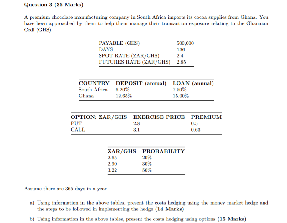 Question 3 35 Marks A Premium Chocolate Manufacturing Company In South Africa Imports Its Cocoa Supplies From Ghana Y 1