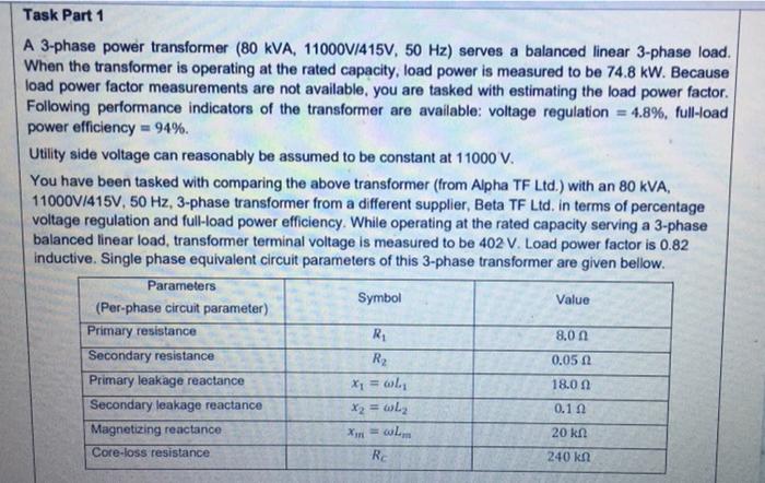 Task Part 1 A 3 Phase Power Transformer 80 Kva 11000v 415v 50 Hz Serves A Balanced Linear 3 Phase Load When The Tra 1