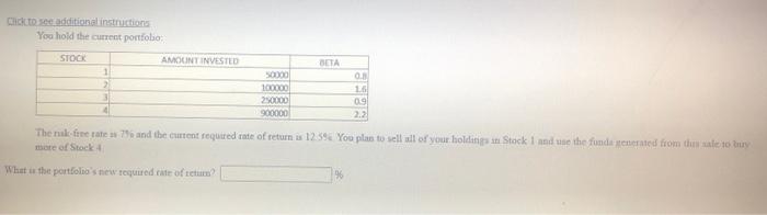 Cliccto See Additional Instructions You Hold The Current Portfolio Stock Amount Invested Beta 0000 1 2 100000 290000 900 1