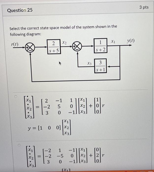 3 Pts Question 25 Select The Correct State Space Model Of The System Shown In The Following Diagram R T 2 X2 Y T X1 S 1