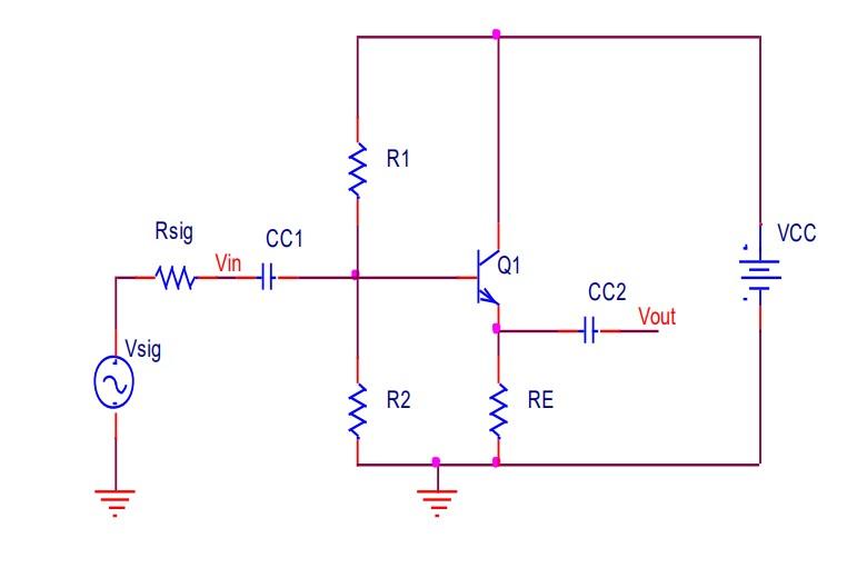 R1 Cc1 Vcc Rsig W Vin Q1 Cc2 Vout Vsig R2 Re 1