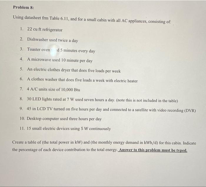Problem 8 Using Datasheet Frm Table 6 11 And For A Small Cabin With All Ac Appliances Consisting Of 1 22 Cu Ft Refr 1