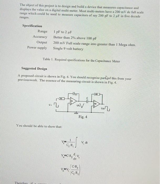 The Object Of This Project Is To Design And Build A Device That Measures Capacitance And Displays The Value On A Digital 1