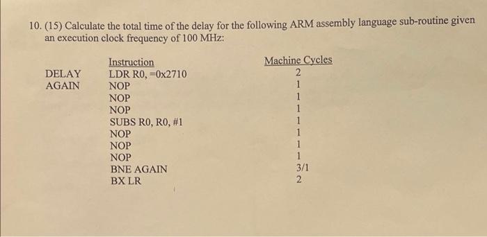 10 15 Calculate The Total Time Of The Delay For The Following Arm Assembly Language Sub Routine Given An Execution Cl 1