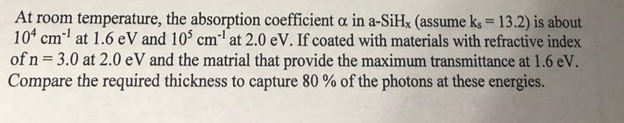 At Room Temperature The Absorption Coefficient A In A Sihx Assume Ks 13 2 Is About 104 Cm2 At 1 6 Ev And 105 Cm At 1