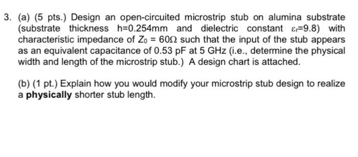 3 A 5 Pts Design An Open Circuited Microstrip Stub On Alumina Substrate Substrate Thickness H 0 254mm And Dielect 1