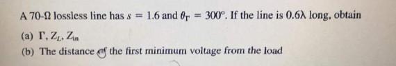 A 70 2 Lossless Line Has S 16 And 0r 300 If The Line Is 0 6 Long Obtain A T Z Zin B The Distance Of The Firs 1