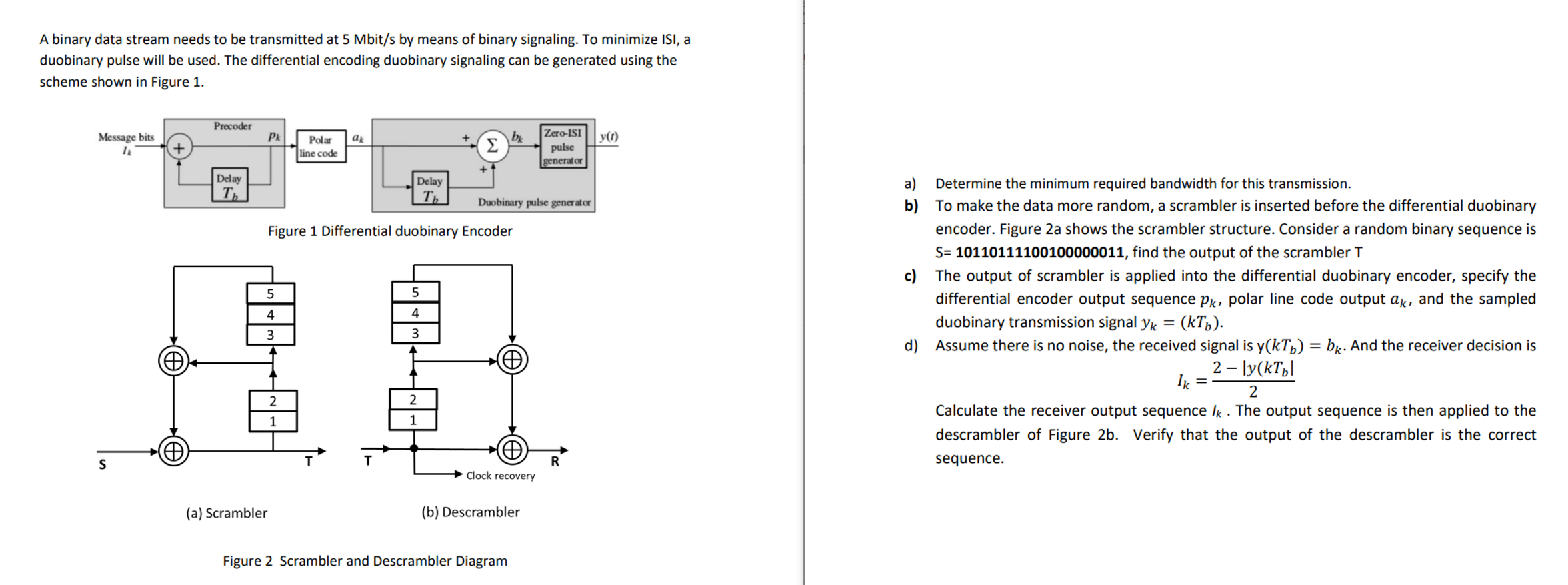 A Binary Data Stream Needs To Be Transmitted At 5 Mbit S By Means Of Binary Signaling To Minimize Isi A Duobinary Puls 1