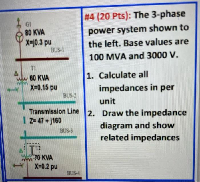 4 20 Pts The 3 Phase Gi 80 Kva Power System Shown To X 10 3 Pu The Left Base Values Are Bus 1 100 Mva And 3000 V T 1