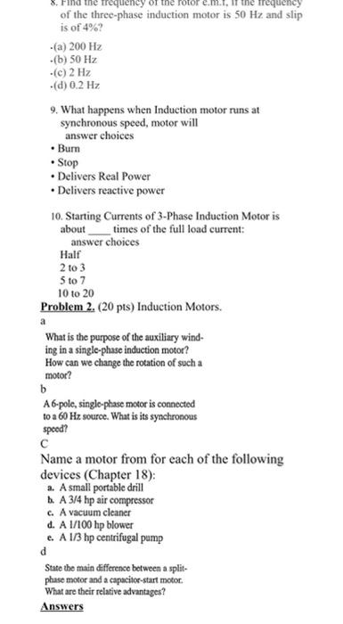 Problem 1 20 Pts Induction Motors 1 The S Is The Slip And Ns Is The Synchronous Speed Then The Actual Running Speed 2