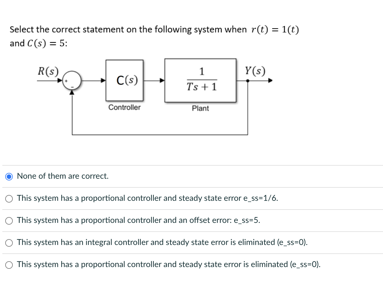 Select The Correct Statement On The Following System When R T 1 T And C S 5 R S Y S Cs 1 Ts 1 Controller 1