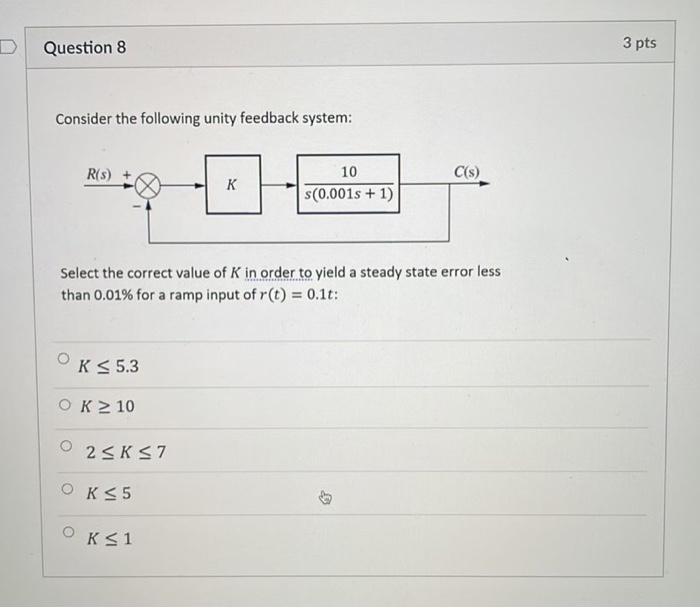 D Question 8 3 Pts Consider The Following Unity Feedback System R S C S K 10 S 0 001s 1 Select The Correct Value 1