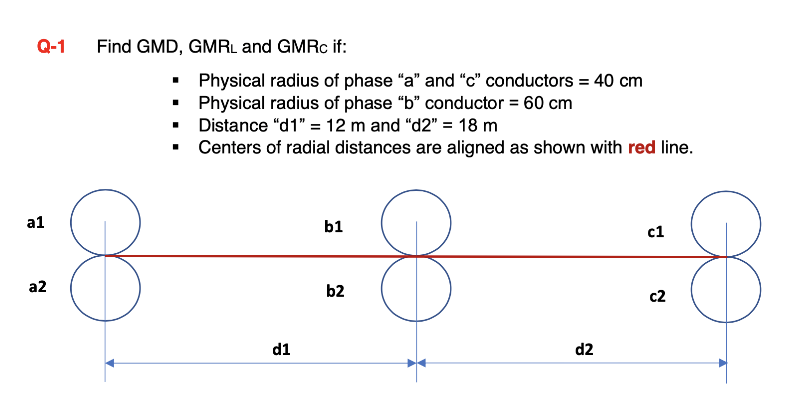 Q 1 Find Gmd Gmrl And Gmrc If Physical Radius Of Phase A And C Conductors 40 Cm Physical Radius Of Phase B 1