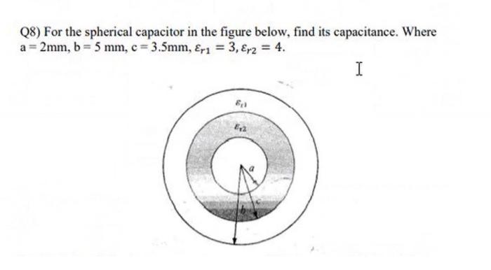 Q8 For The Spherical Capacitor In The Figure Below Find Its Capacitance Where A 2mm B 5 Mm C 3 5mm Eri 3 1