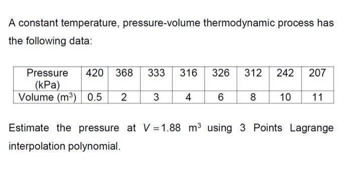 A Constant Temperature Pressure Volume Thermodynamic Process Has The Following Data 333 316 326 312 242 207 Pressure 4 1