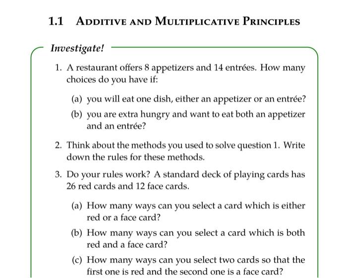 1 1 Additive And Multiplicative Principles Investigate 1 A Restaurant Offers 8 Appetizers And 14 Entrees How Many Cho 1