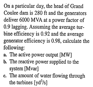 On A Particular Day The Head Of Grand Coulee Dam Is 280 Ft And The Generators Deliver 6000 Mva At A Power Factor Of 0 9 1