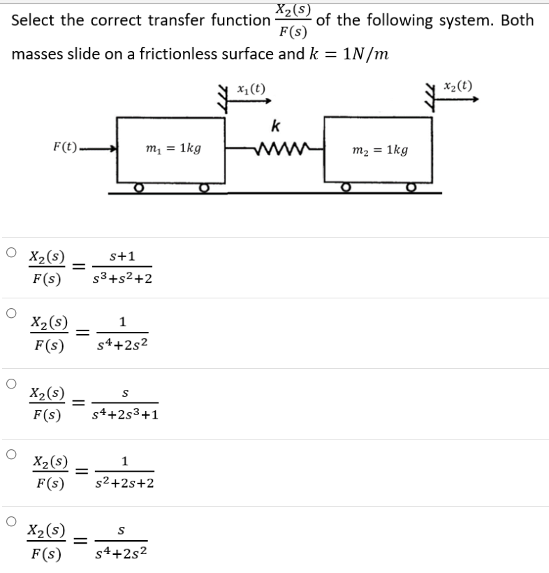 X2 S Select The Correct Transfer Function Of The Following System Both F S Masses Slide On A Frictionless Surface And 1