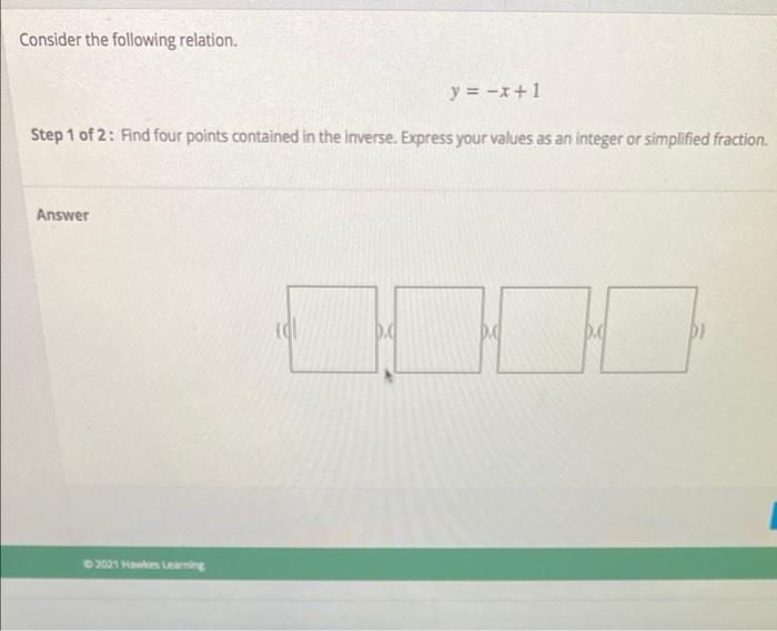 Consider The Following Relation Y 1 1 Step 1 Of 2 Find Four Points Contained In The Inverse Express Your Values As 1