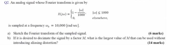 Q2 An Analog Signal Whose Fourier Transform Is Given By Iwl X Jw 1000 W S 1000 Elsewhere Is Sampled At A Frequenc 1