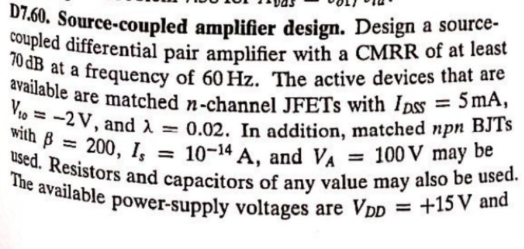 07 60 Source Coupled Amplifier Design Design A Source 70db At A Frequency Of 60 Hz The Active Devices That Are Coupl 1