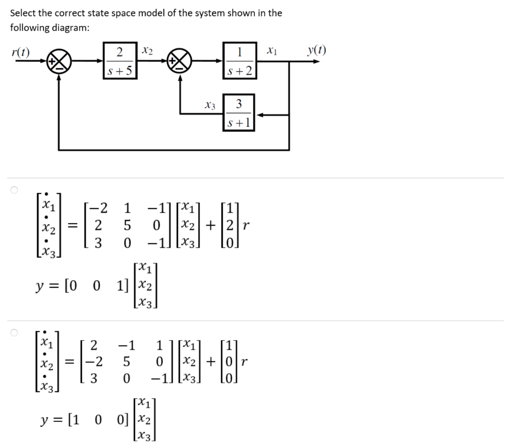 Select The Correct State Space Model Of The System Shown In The Following Diagram R T 2 X2 X1 Y T S 5 S 2 X3 3 S 1