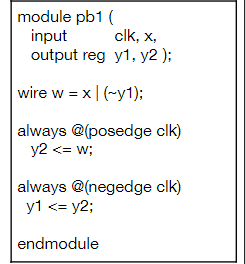 Module Pb1 Input Clk X Output Reg Y1 Y2 Wire W X1 1 Always Posedge Clk Y2 W Always Negedge Clk Y1 1
