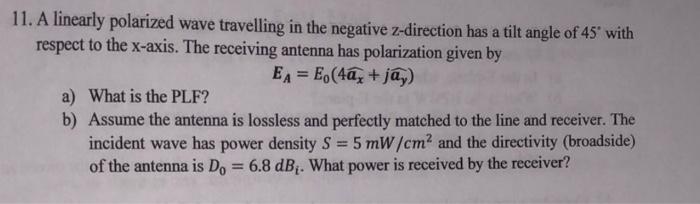 11 A Linearly Polarized Wave Travelling In The Negative Z Direction Has A Tilt Angle Of 45 With Respect To The X Axis 1