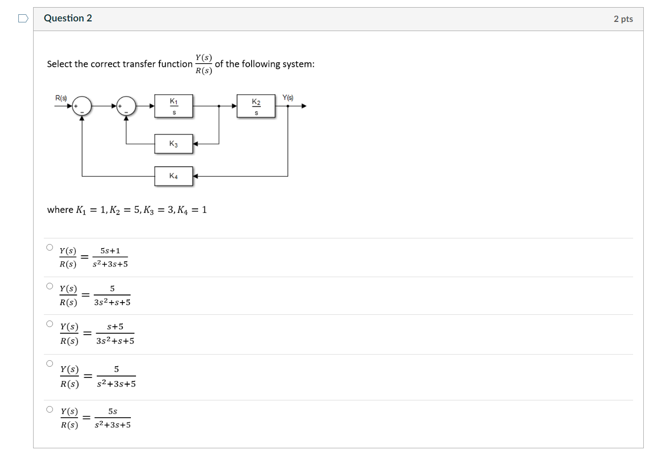 Question 2 2 Pts Y S Select The Correct Transfer Function Of The Following System R S R S Y S K1 K2 S S K3 K4 Where 1