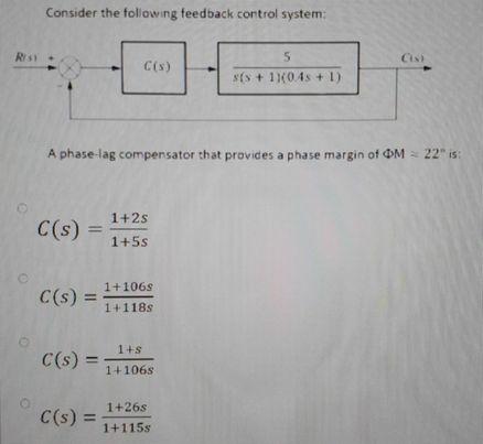 Consider The Following Feedback Control System Ry C C S 5 Fs 1x045 1 A Phase Lag Compensator That Provides A Pha 1