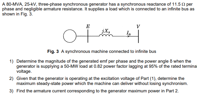A 80 Mva 25 Kv Three Phase Synchronous Generator Has A Synchronous Reactance Of 11 52 Per Phase And Negligible Armatur 1