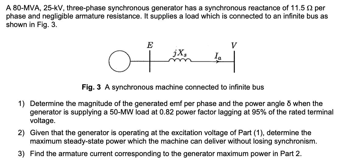 A 80 Mva 25 Kv Three Phase Synchronous Generator Has A Synchronous Reactance Of 11 5 12 Per Phase And Negligible Armat 1