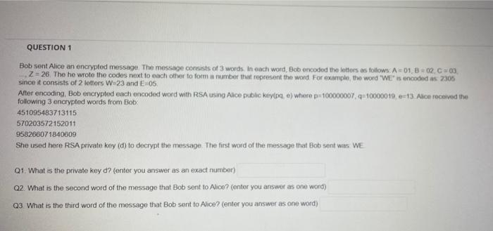 Question 1 Bobsent Alice An Encrypted Message The Message Consists Of 3 Words In Each Word Bob Encoded The Letters As 1