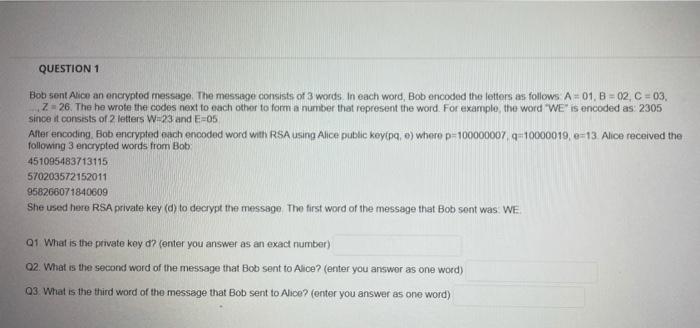 Question 1 Bobsent Alice An Encrypted Message The Message Consists Of 3 Words In Each Word Bob Encoded The Letters As 2