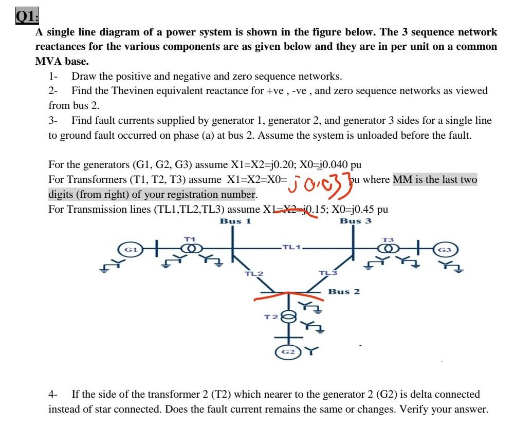 01 A Single Line Diagram Of A Power System Is Shown In The Figure Below The 3 Sequence Network Reactances For The Vari 1