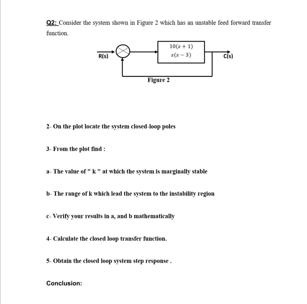 Q2 Consider The System Shown In Figure 2 Which Has An Unstable Feed Forward Transfer Function 10 S 1 S S 3 R S 1