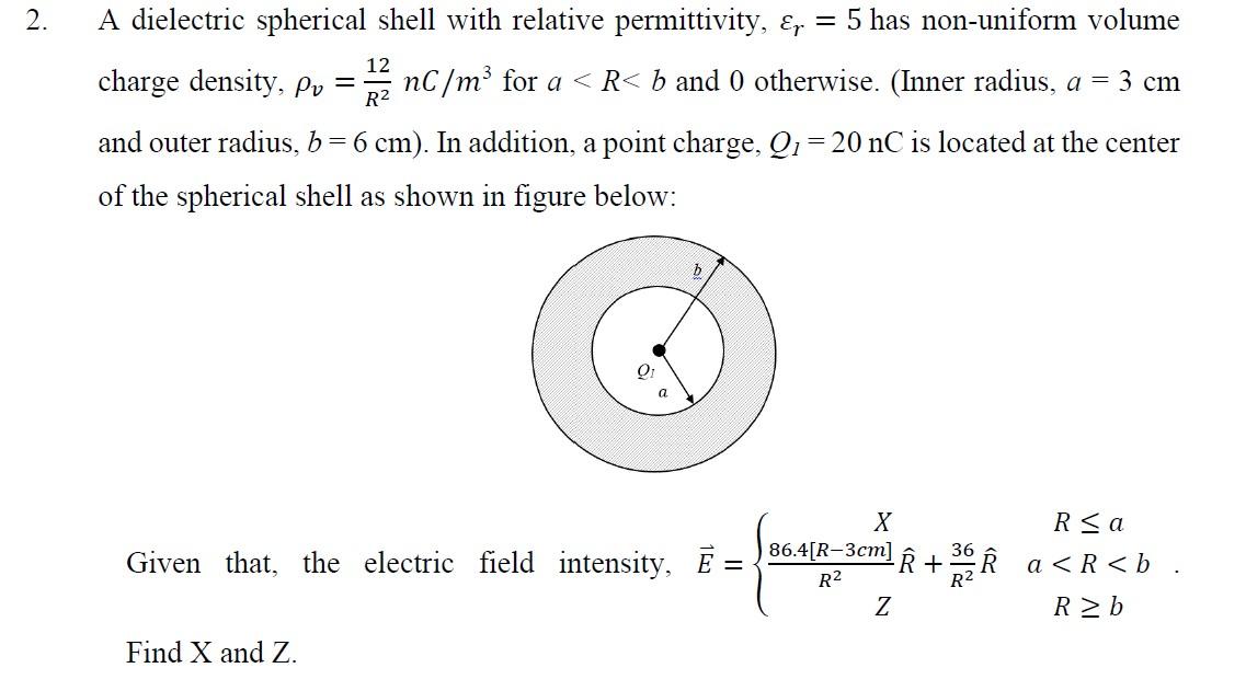 2 12 A Dielectric Spherical Shell With Relative Permittivity Er 5 Has Non Uniform Volume Charge Density Py Nc M3 1