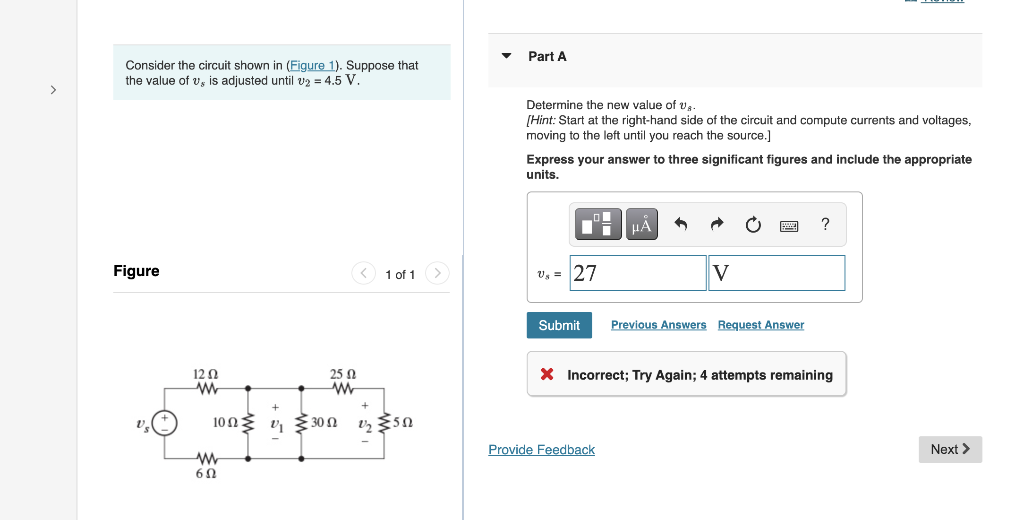 Part A Consider The Circuit Shown In Figure 1 Suppose That The Value Of V Is Adjusted Until U2 4 5 V Determine 1