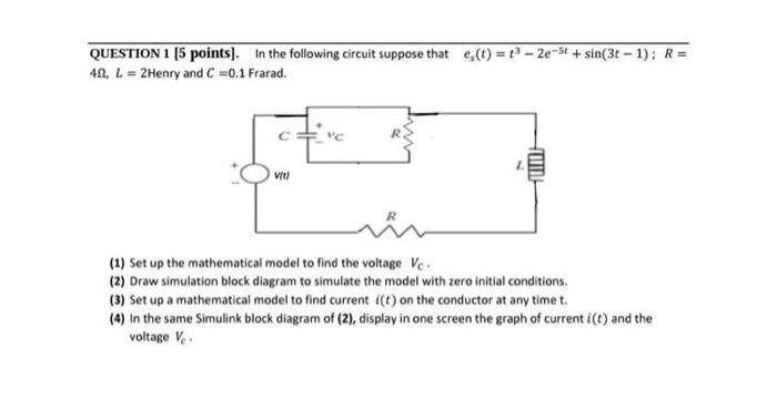 Question 1 5 Points In The Following Circuit Suppose That E T 13 2e St Sin 3t 1 R 41 L 2henry And C 0 1