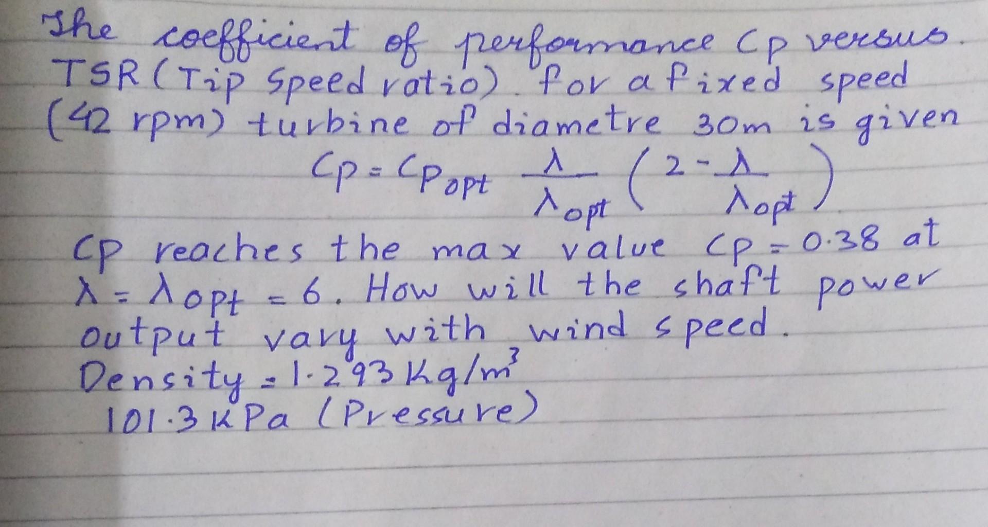 2 Hort The Coefficient Of Performance Cp Versus Tsr Tip Speed Ratio For A Fixed Speed 42 Rpm Turbine Of Diametre 1