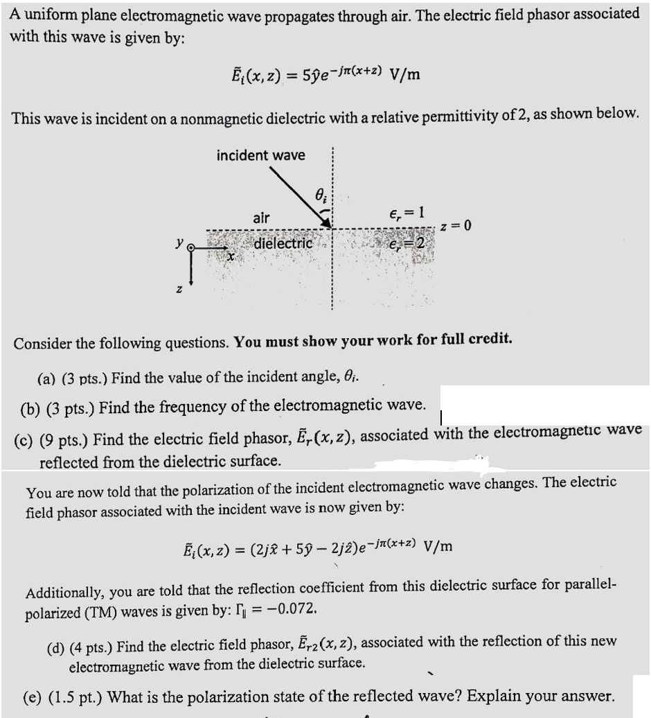 A Uniform Plane Electromagnetic Wave Propagates Through Air The Electric Field Phasor Associated With This Wave Is Give 1