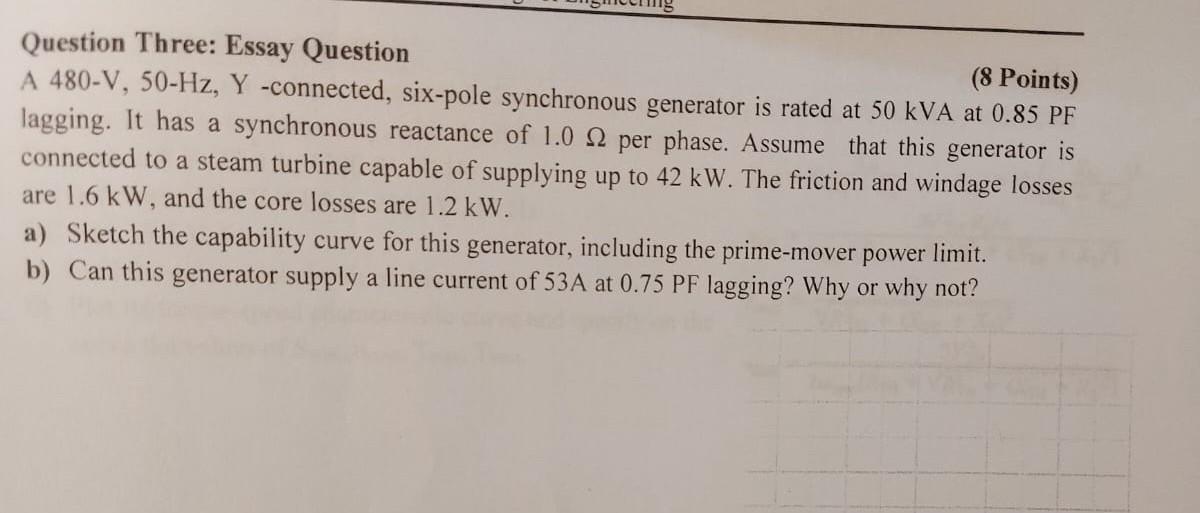 Question Three Essay Question 8 Points A 480 V 50 Hz Y Connected Six Pole Synchronous Generator Is Rated At 50 Kv 1