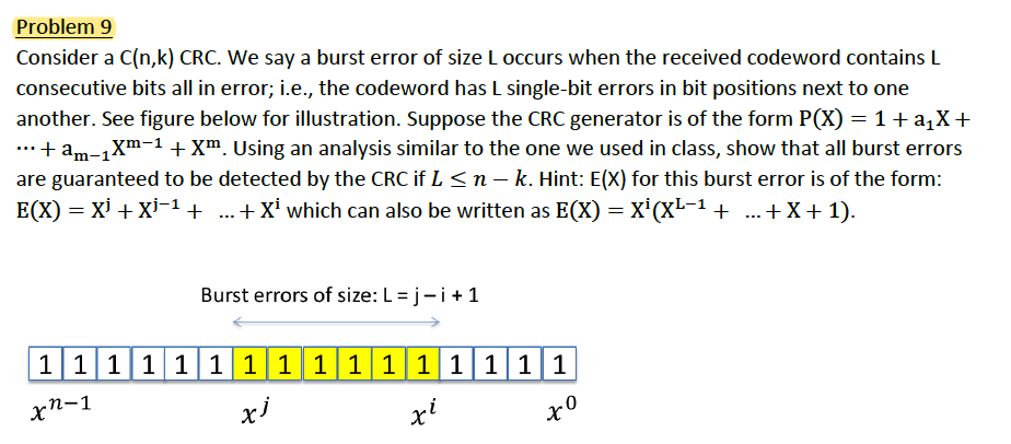 Problem 9 Consider A C N K Crc We Say A Burst Error Of Size L Occurs When The Received Codeword Contains L Consecutive 1