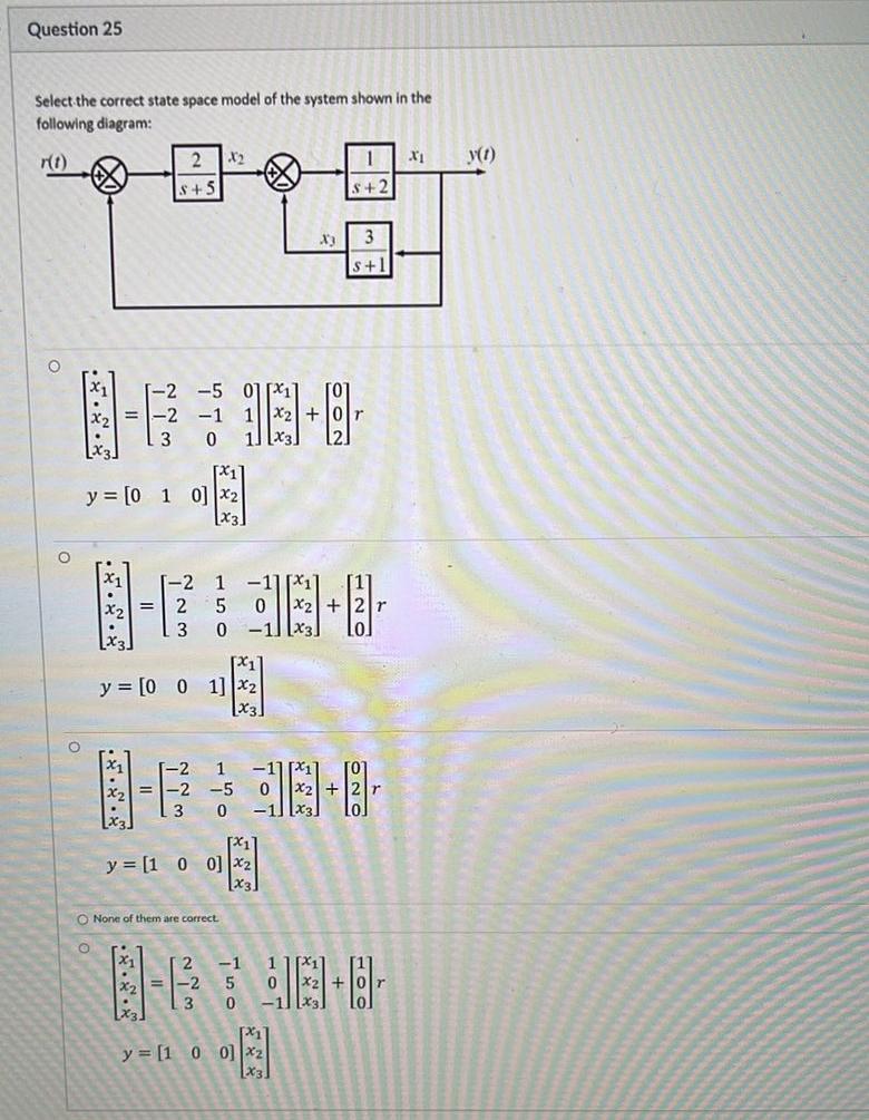 Question 25 Select The Correct State Space Model Of The System Shown In The Following Diagram Ro 2 X2 1 X1 Yo S 5 S 1
