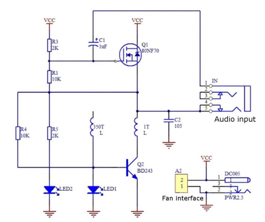 Vcc Vcc R3 J2k Tci Luf Qi Sonf70 Tr1 10k In Audio Input C2 105 R4 10k 2 R5 2k 350t L It L Vcc Q2 Bd243 A2 Dc005 2 1 Le 1