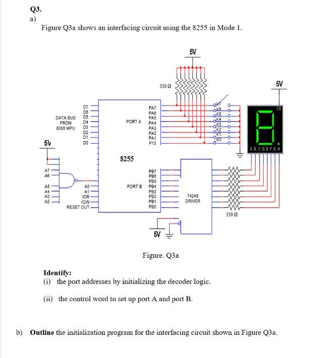 Q3 A Figure Q3a Shows An Interfacing Circuit Using The 8255 In Mode 1 5v 330 S2 5v Paz Pab Pas Data Bus From 8085 Mpu 1