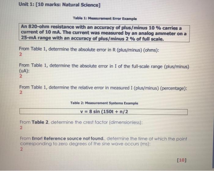 Unit 1 10 Marks Natural Science Table 1 Measurement Error Example An 820 Ohm Resistance With An Accuracy Of Plus Mi 1